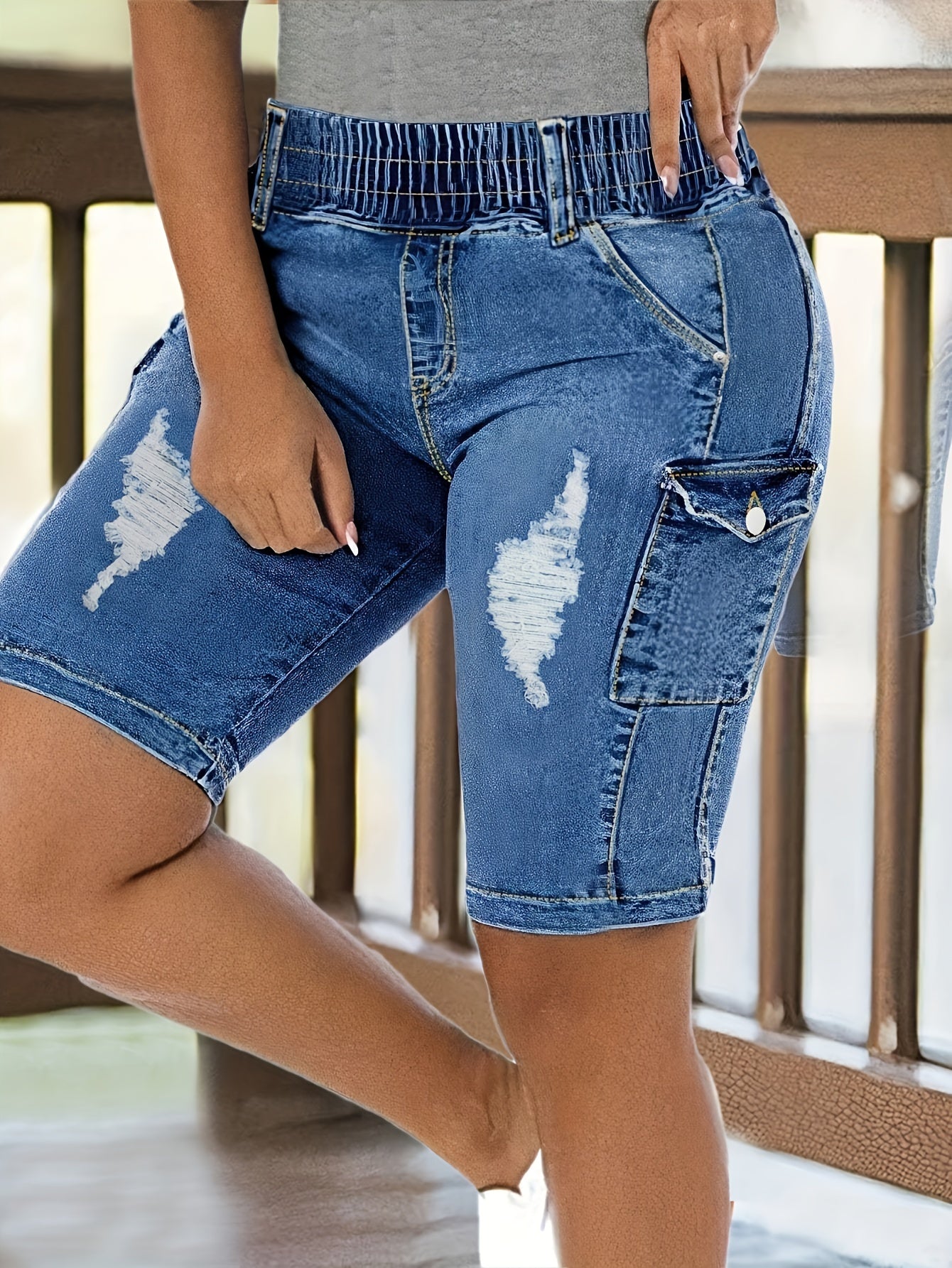 Women's Casual Bermuda Denim Shorts - Distressed Street Style Elastic Waist Mid-Length Jorts with Pockets, Machine Washable Summer Jeans for Women, Jeans Shorts, Medium Stretch Fabric