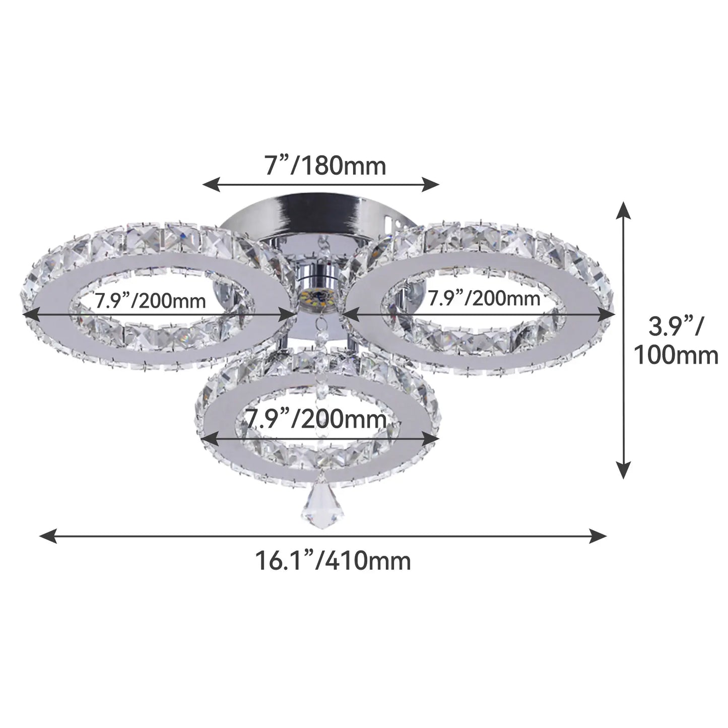 16.1 ''  Modern 3 Rings LED Ceiling Lights Nordic Style K9 Crystal Warm Light Ceiling Light for Living Room