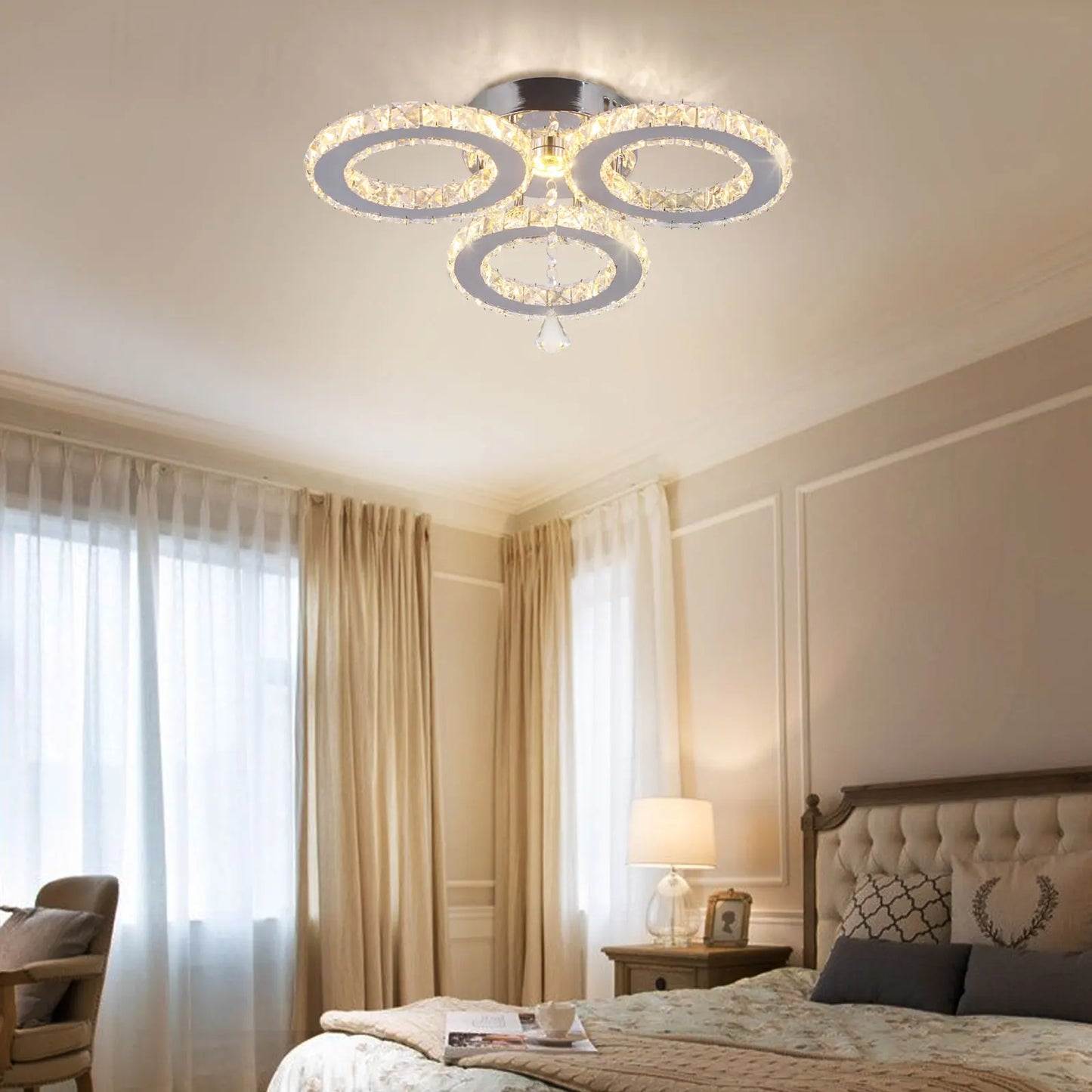 16.1 ''  Modern 3 Rings LED Ceiling Lights Nordic Style K9 Crystal Warm Light Ceiling Light for Living Room
