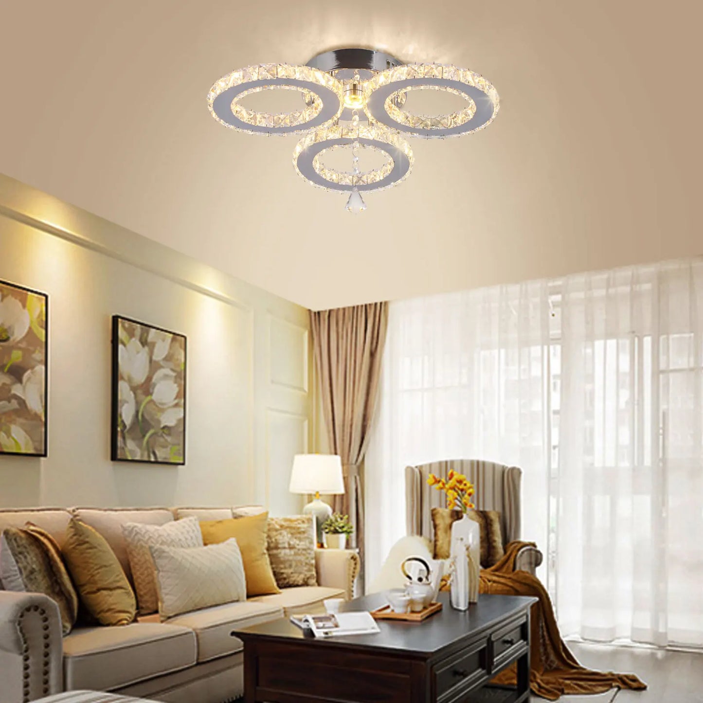 16.1 ''  Modern 3 Rings LED Ceiling Lights Nordic Style K9 Crystal Warm Light Ceiling Light for Living Room