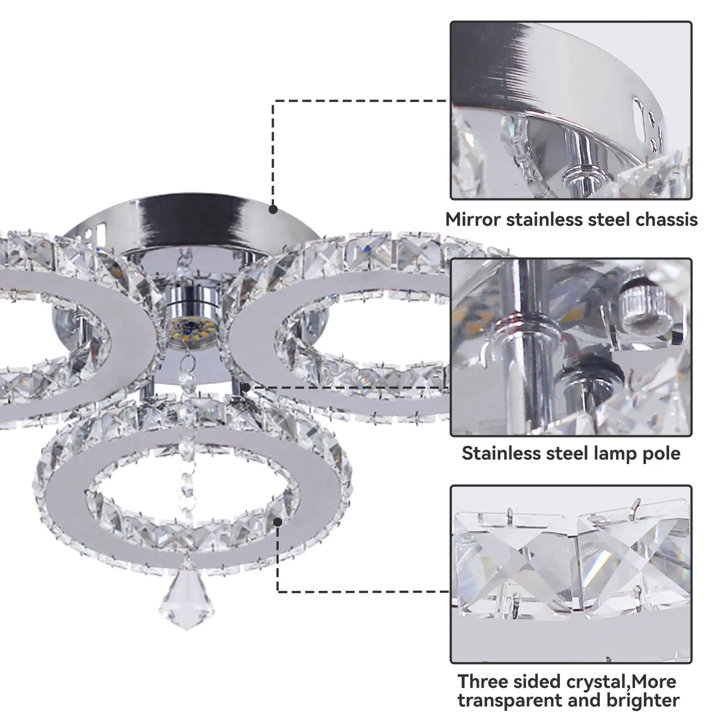 16.1 ''  Modern 3 Rings LED Ceiling Lights Nordic Style K9 Crystal Warm Light Ceiling Light for Living Room