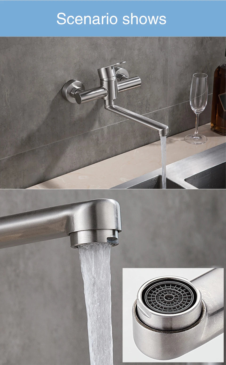 ULA Kitchen Faucets Stainless Steel Wall Mounted Dual Hole Bathroom 360 Rotate Basin Faucet Cold Hot Water Sink Crane Mixer Taps