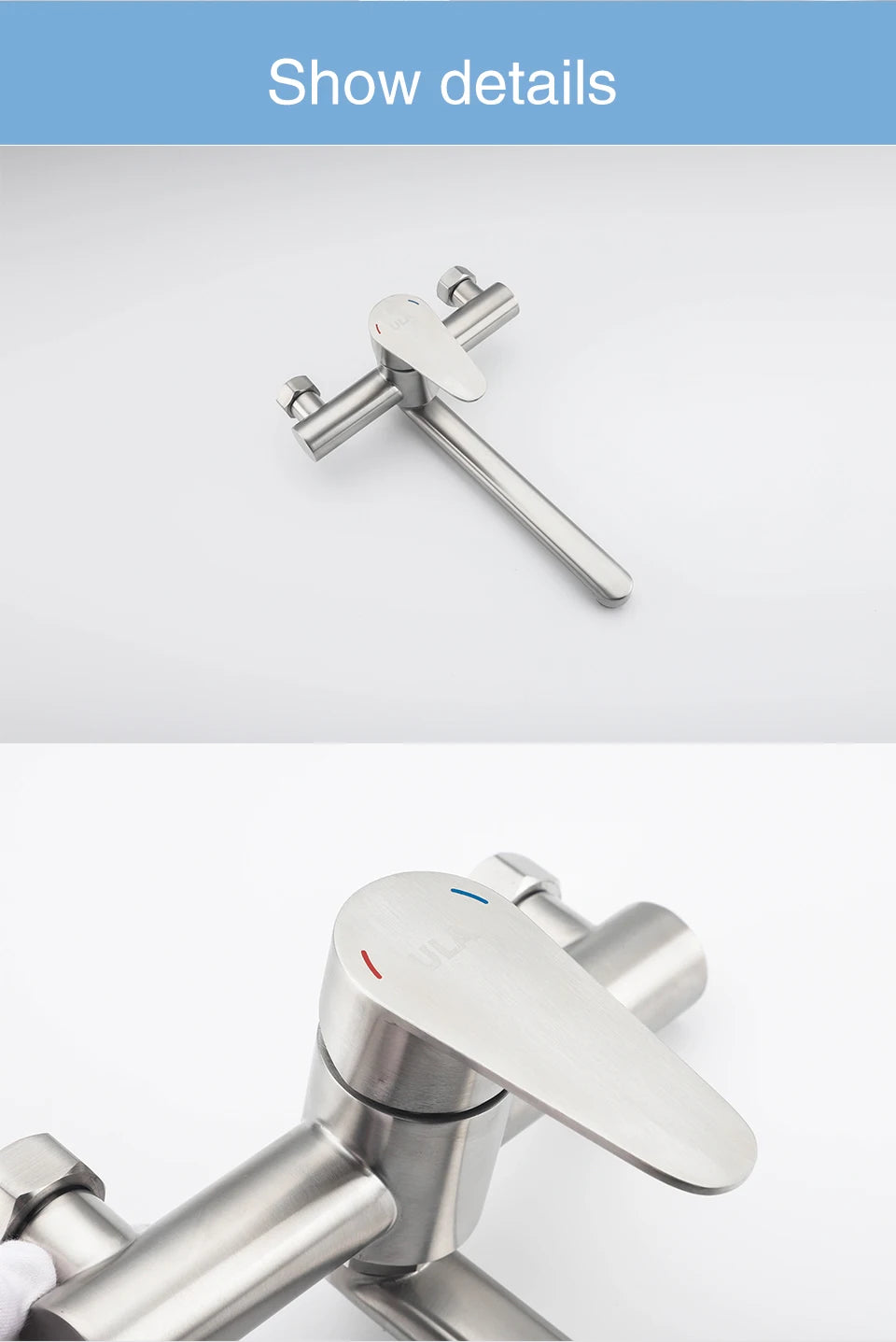 ULA Kitchen Faucets Stainless Steel Wall Mounted Dual Hole Bathroom 360 Rotate Basin Faucet Cold Hot Water Sink Crane Mixer Taps
