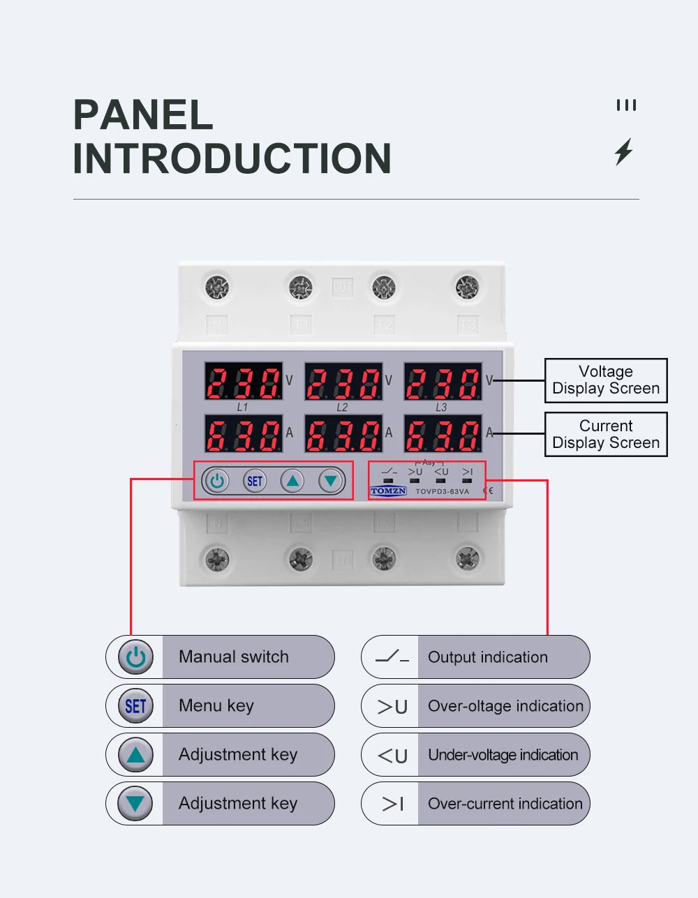 TOMZN TOVPD3-63VA Din Rail 3 Phase Adjustable Over and Under Voltage Protector relay with current protection 3*220V 380V