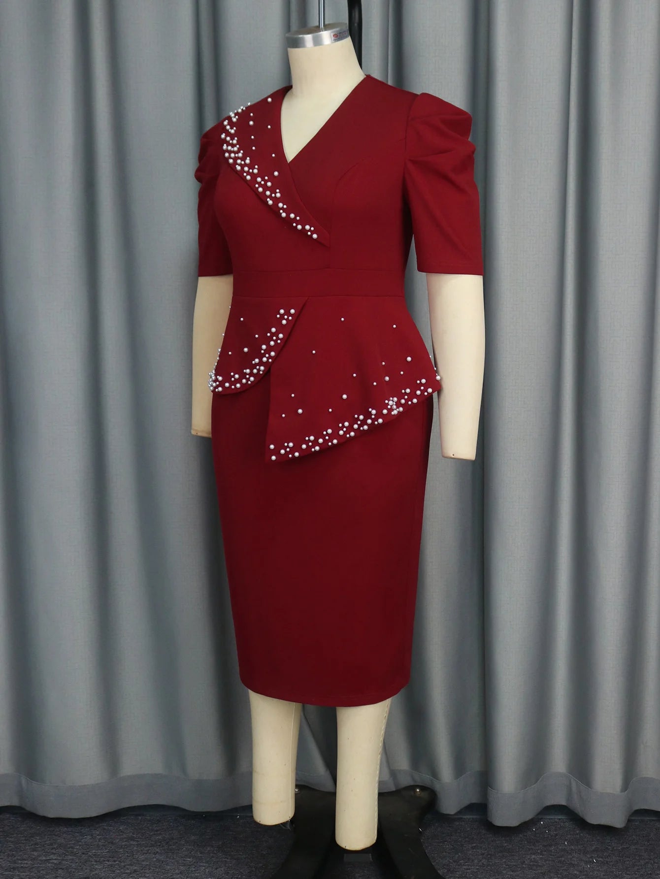 AM041035 Wine Half Sleeve V Neck Asymmetric Peplum Beaded Casual Dress for Women