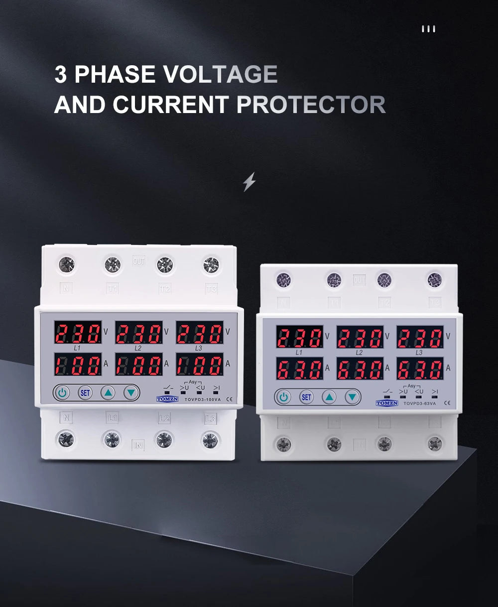 TOMZN TOVPD3-63VA Din Rail 3 Phase Adjustable Over and Under Voltage Protector relay with current protection 3*220V 380V