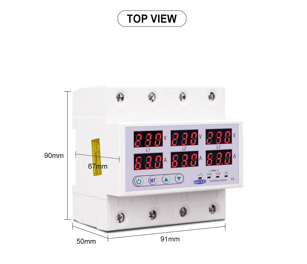 TOMZN TOVPD3-63VA Din Rail 3 Phase Adjustable Over and Under Voltage Protector relay with current protection 3*220V 380V