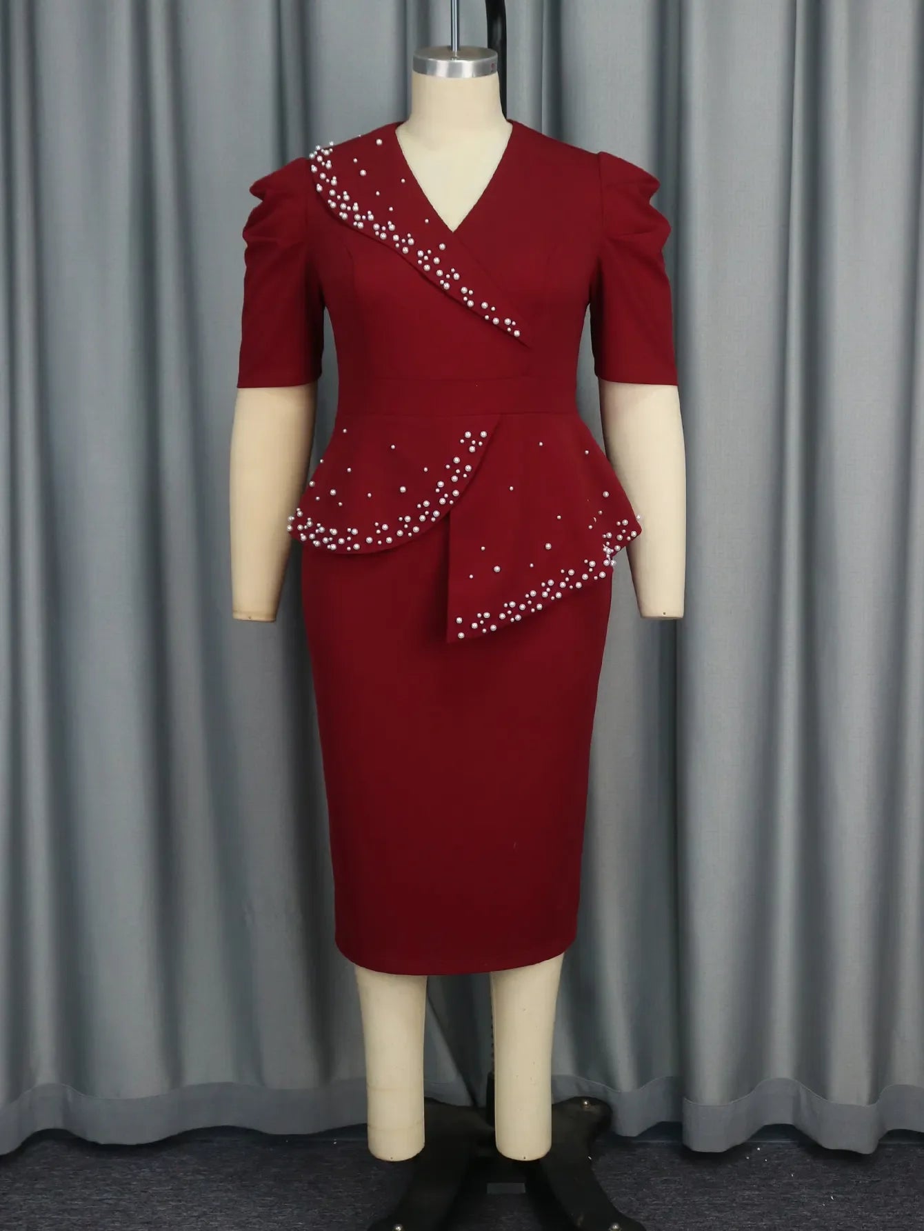 AM041035 Wine Half Sleeve V Neck Asymmetric Peplum Beaded Casual Dress for Women