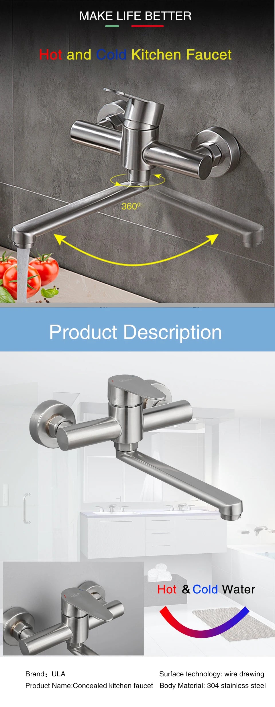 ULA Kitchen Faucets Stainless Steel Wall Mounted Dual Hole Bathroom 360 Rotate Basin Faucet Cold Hot Water Sink Crane Mixer Taps