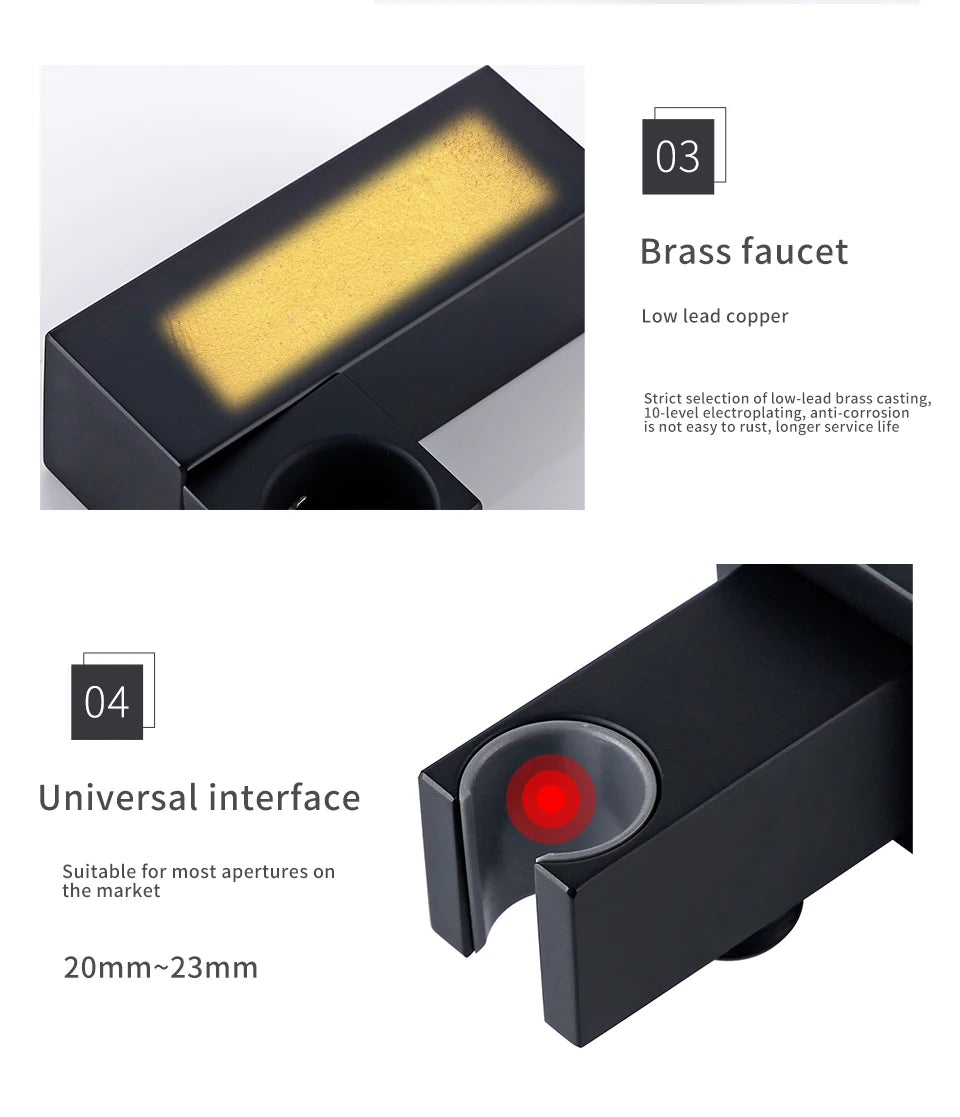 Solid Brass Modern Matt Black Shower Accessories Wall Mounted Square Hand Shower Holder Wall-Mounted Fixed Hand Shower Bracket