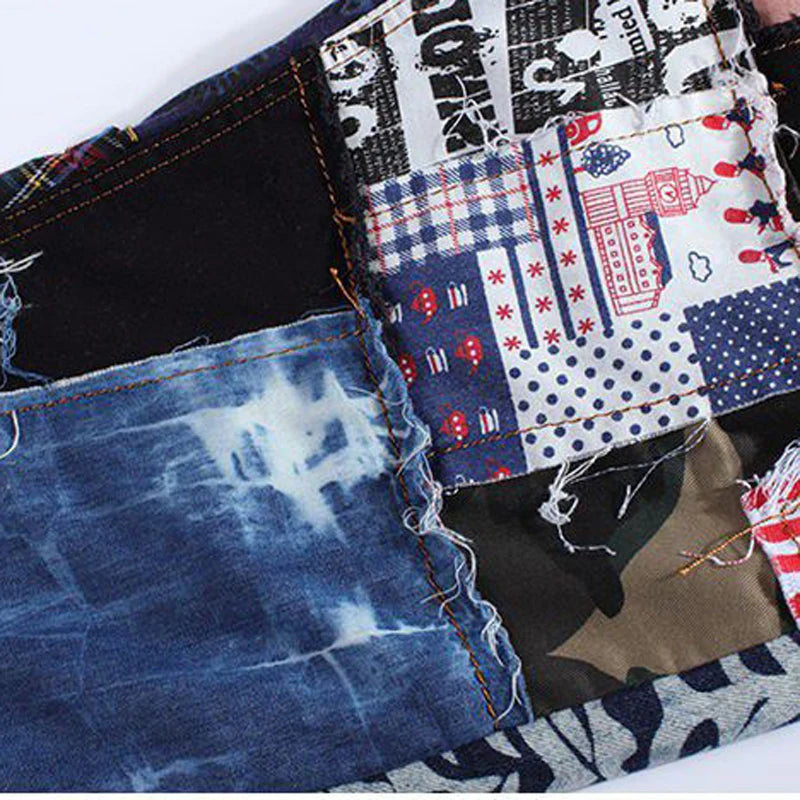 Sokotoo Men's patchwork spliced ripped denim jeans Male fashion slim colored patch buttons fly straight pants