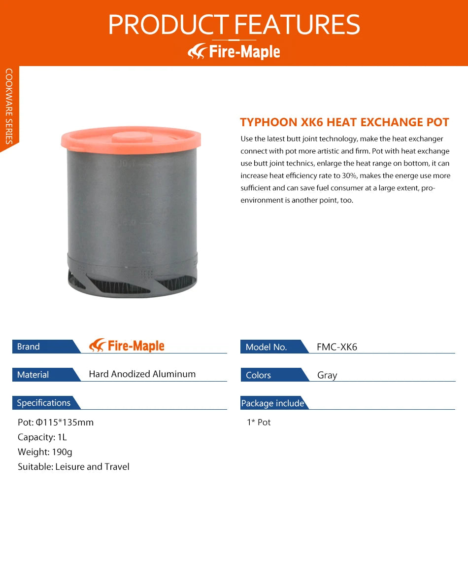 Fire Maple FMC-XK6  Heat Exchanger Pot 1L Foldable Cooking Pots with Mesh Bag Outdoor Camping Cookware