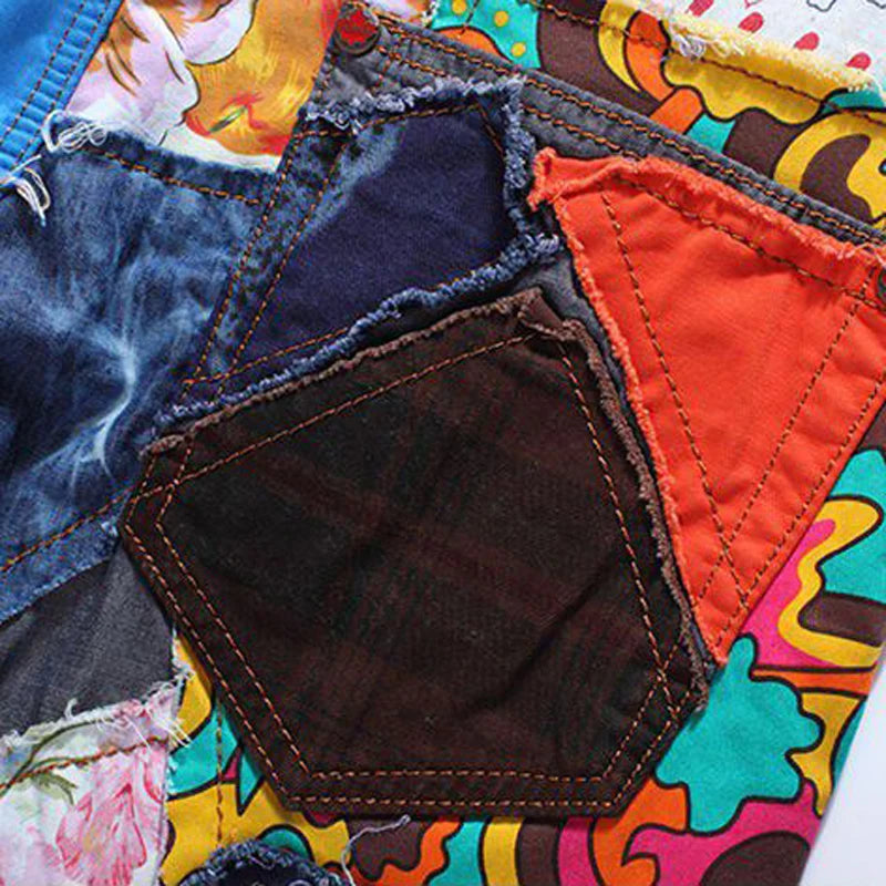 Sokotoo Men's patchwork spliced ripped denim jeans Male fashion slim colored patch buttons fly straight pants