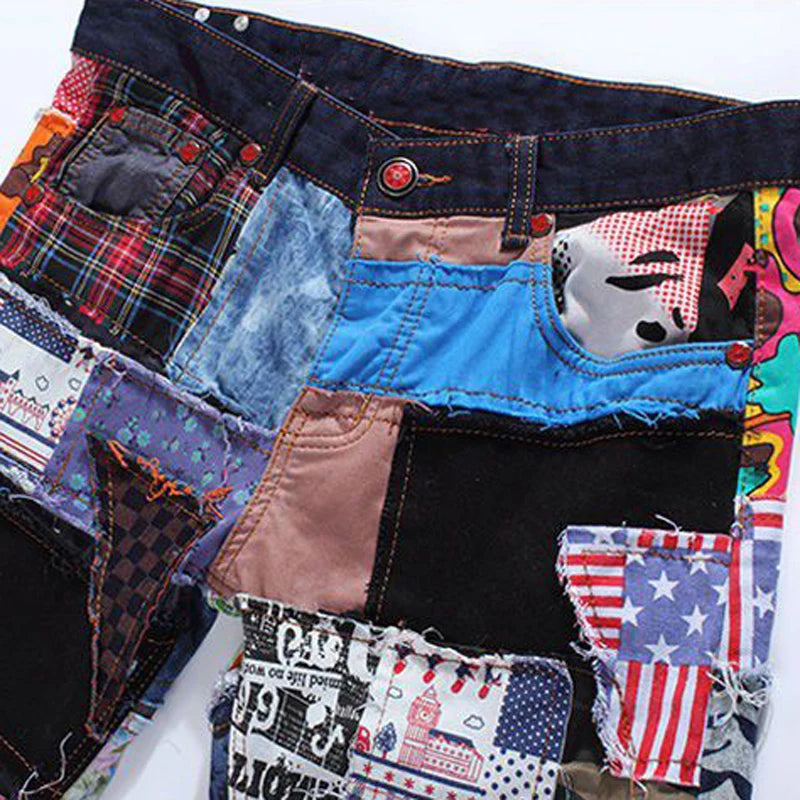 Sokotoo Men's patchwork spliced ripped denim jeans Male fashion slim colored patch buttons fly straight pants