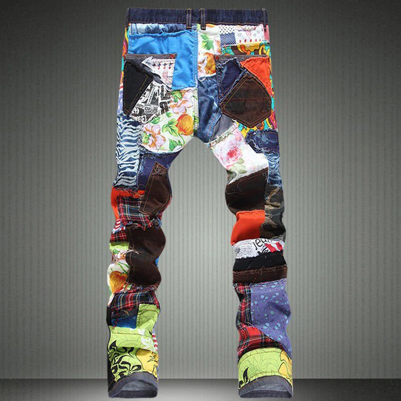 Sokotoo Men's patchwork spliced ripped denim jeans Male fashion slim colored patch buttons fly straight pants