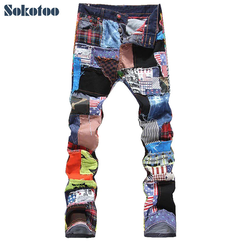 Sokotoo Men's patchwork spliced ripped denim jeans Male fashion slim colored patch buttons fly straight pants