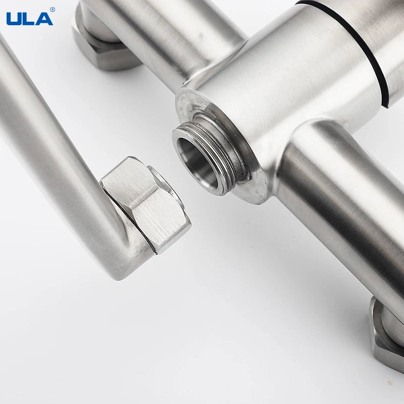 ULA Kitchen Faucets Stainless Steel Wall Mounted Dual Hole Bathroom 360 Rotate Basin Faucet Cold Hot Water Sink Crane Mixer Taps