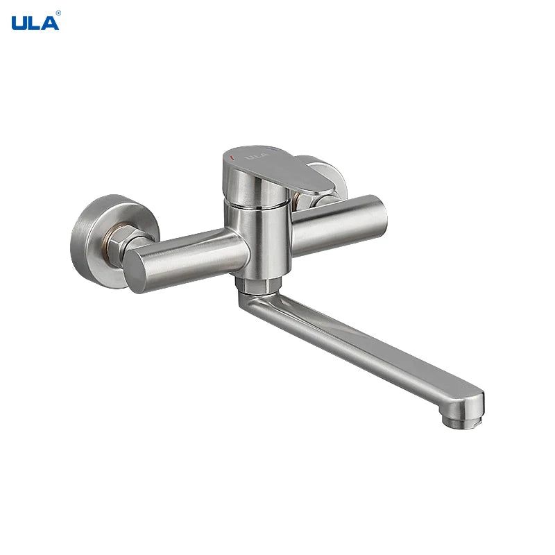 ULA Kitchen Faucets Stainless Steel Wall Mounted Dual Hole Bathroom 360 Rotate Basin Faucet Cold Hot Water Sink Crane Mixer Taps