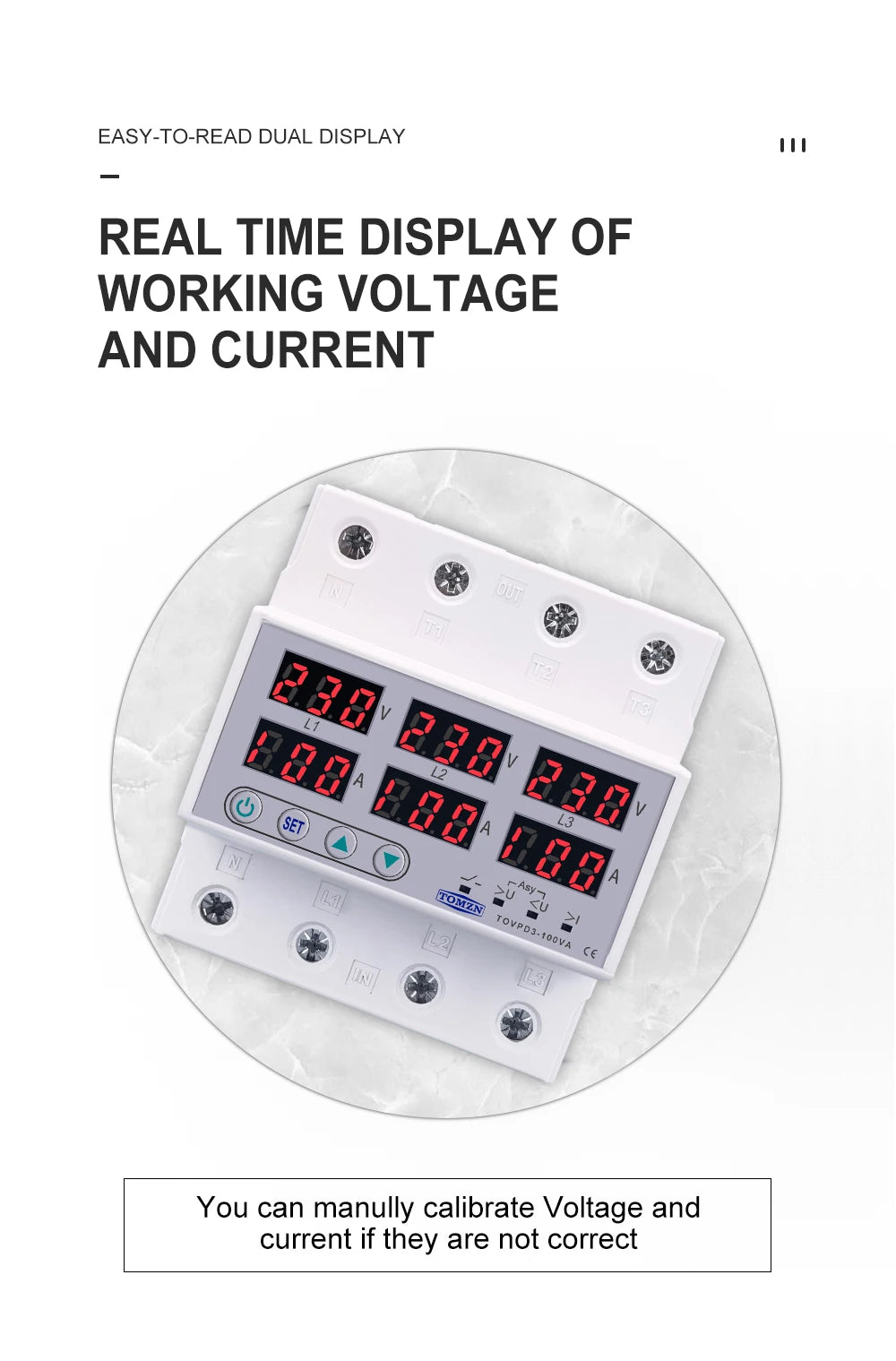 TOMZN TOVPD3-63VA Din Rail 3 Phase Adjustable Over and Under Voltage Protector relay with current protection 3*220V 380V