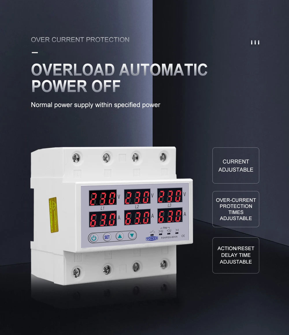 TOMZN TOVPD3-63VA Din Rail 3 Phase Adjustable Over and Under Voltage Protector relay with current protection 3*220V 380V