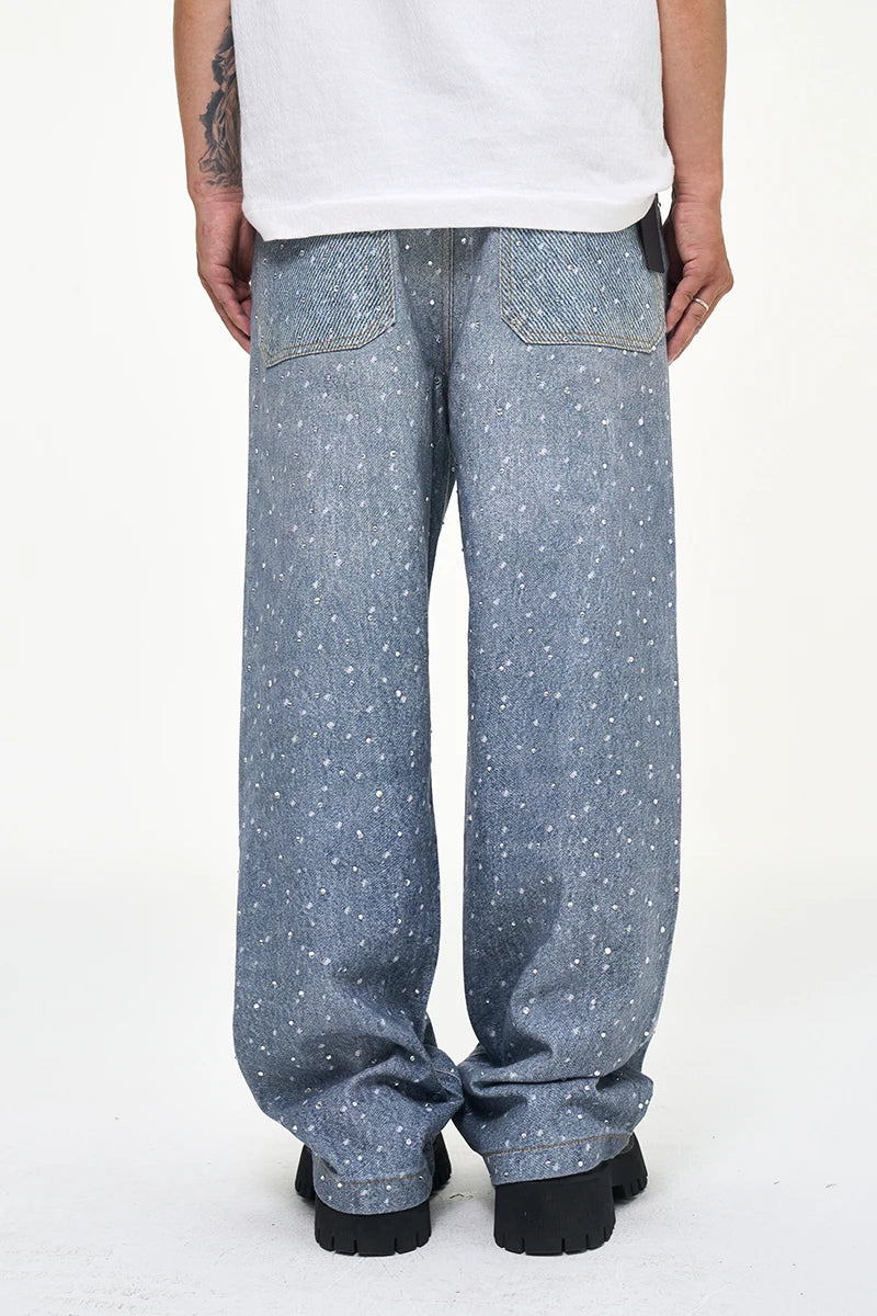 Tung Sung Full Diamond Printing Diamond Belt Wash Casual Loose Straight Jeans Hip Hop Y2k Men’s Jeans