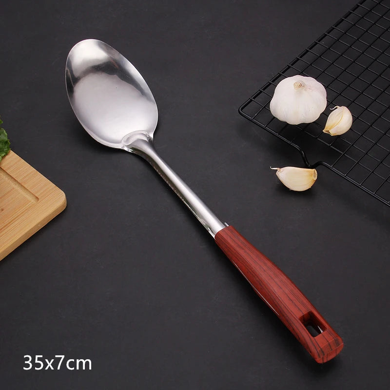 Wooden Handle Frying Spatula Tongue Spoon Stainless Steel BBQ Meat Fork Colander Home Cooking Pots Set Kitchen Accessories