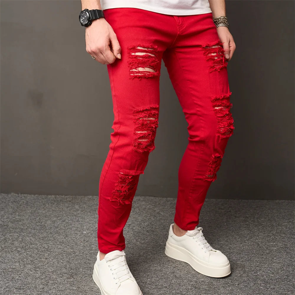 High Street Men HipHop Holes Skinny Stretch Jeans Trousers Stylish Male Distressed Slim Denim Pencil Pants