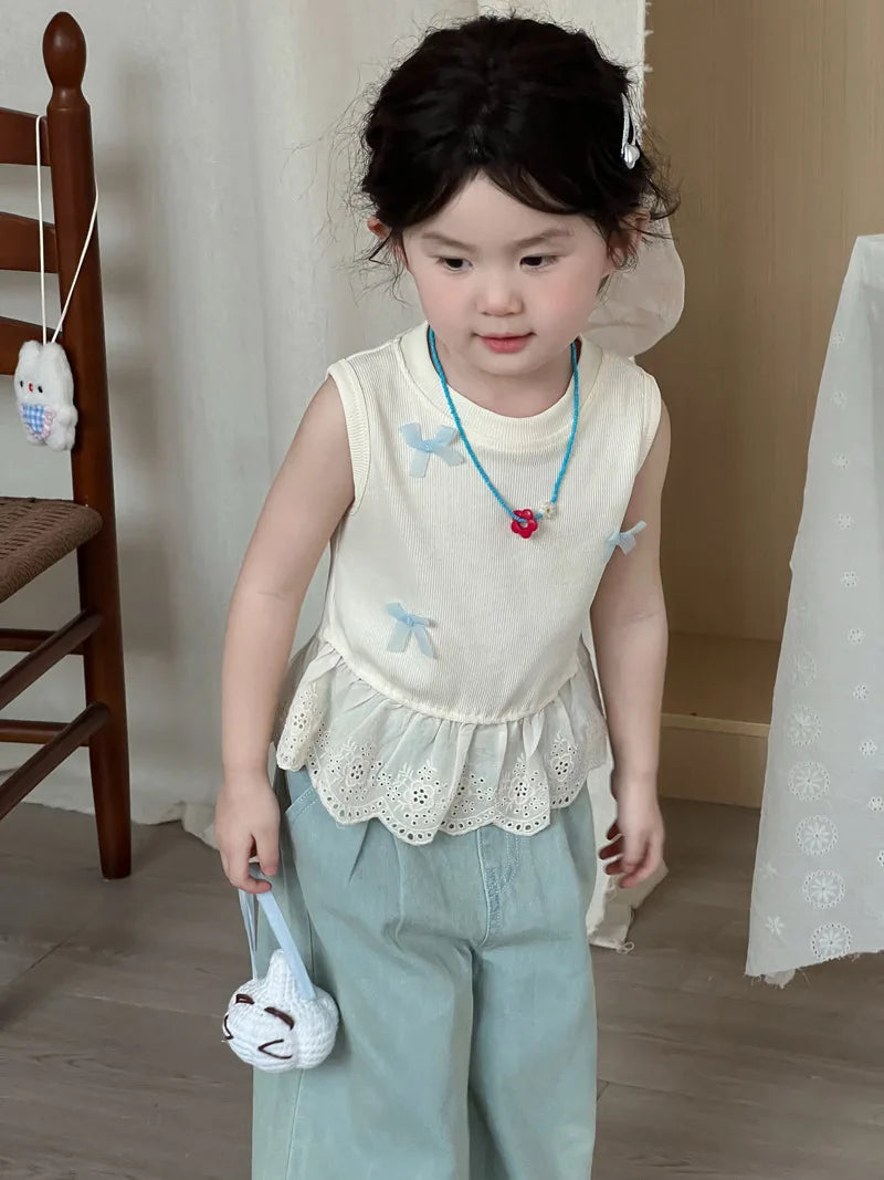 Children Clothes Girl 1-8 Y Baby Girls Clothes Cotton Sleeveless Top with Bowknot and Lace Trim Soft and Cute for Daily Wear