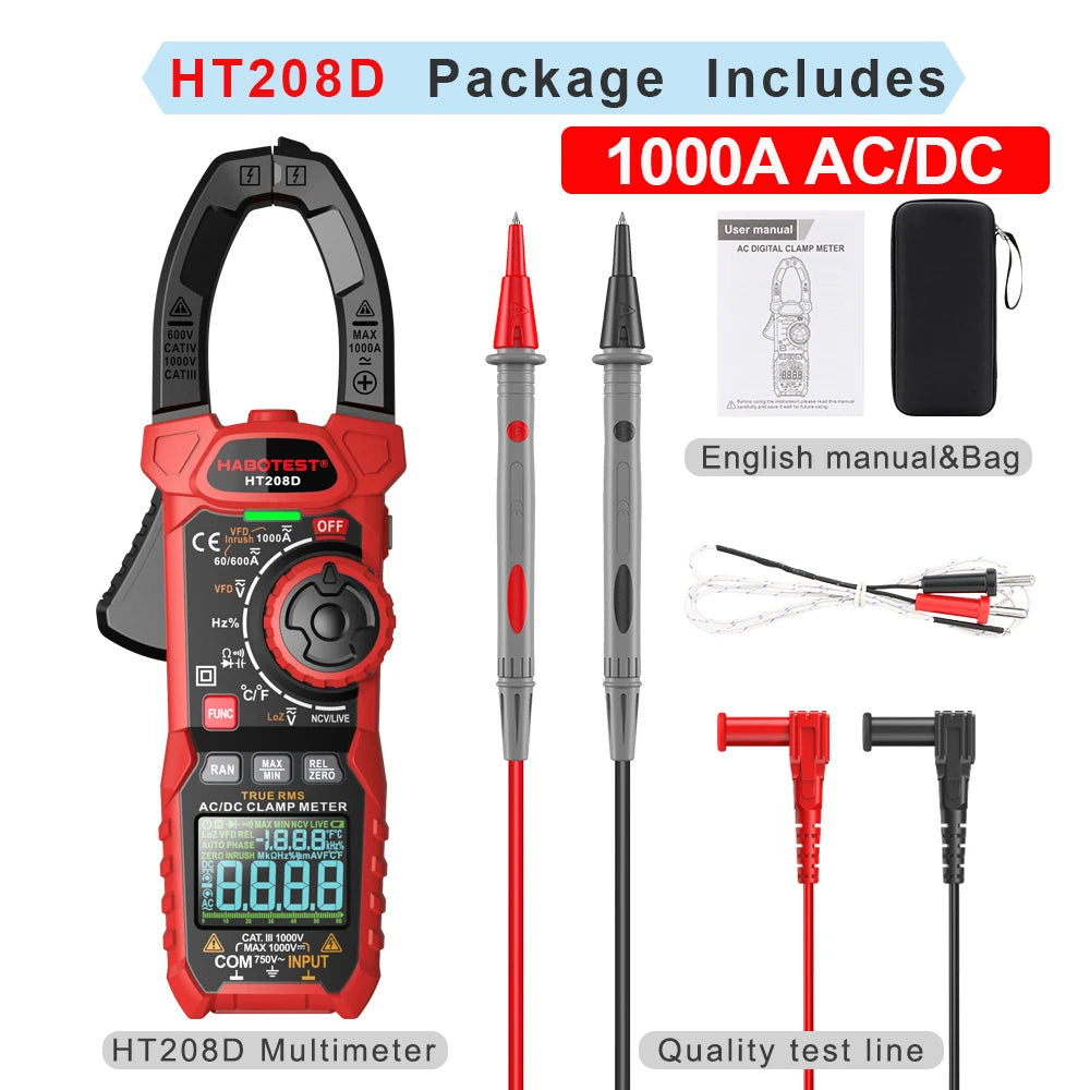 HT208A/D AC/DC Digital Clamp Meter Meter Multimeter Pinza Amperimetrica True RMS High Precision Capacitance NCV Ohm Hz Tester