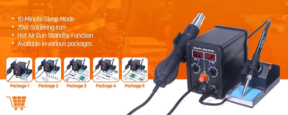 Silverflo 8586D Soldering Station 2 IN 1 Hot Air Gun Solder Station with 2 Digital display,10-Minute Sleep Mode for SMD Rework