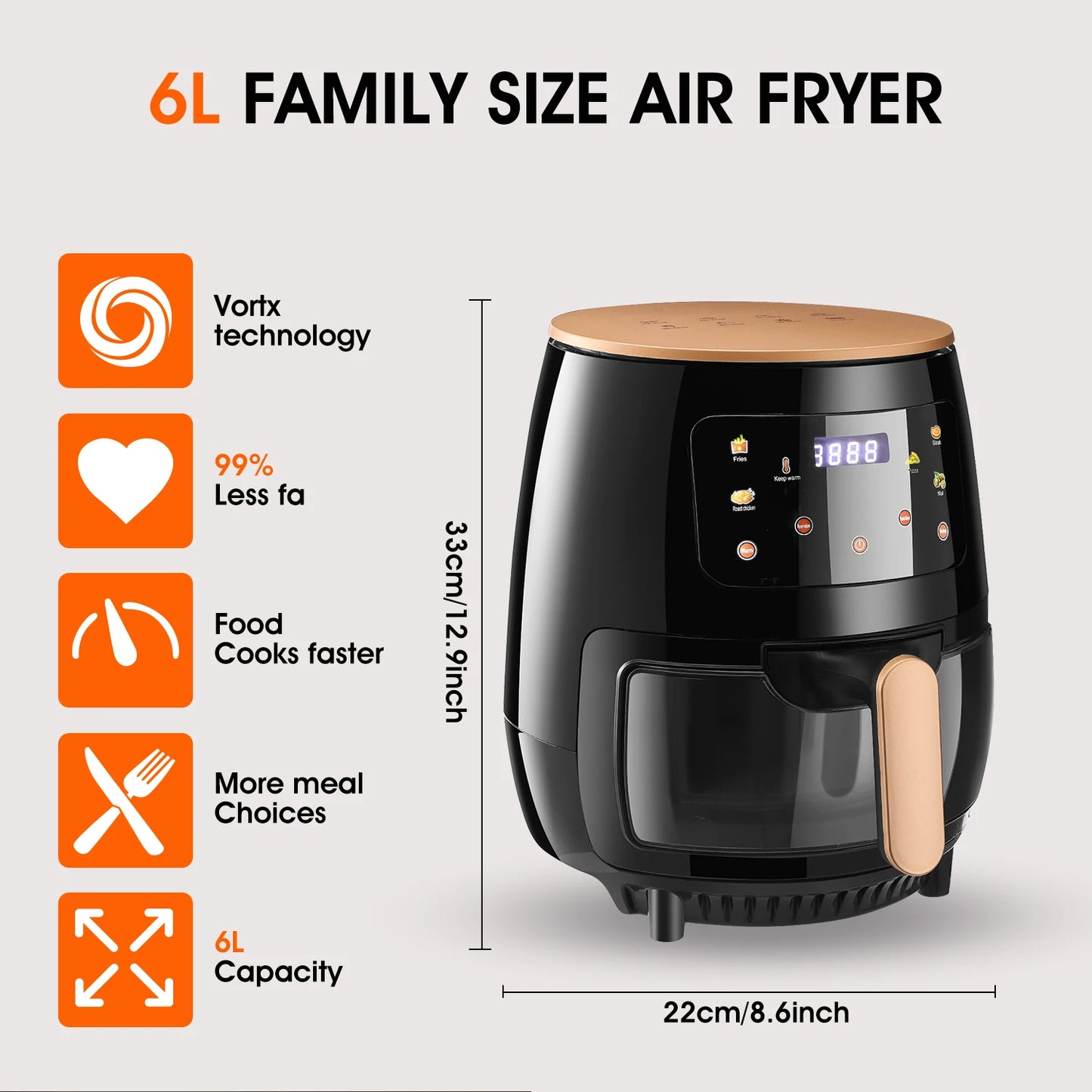 Air Fryer, 6QT Airfryer Oven with Viewing Window Oilless Cooker with Digital Display 6 Cooking Presets Dishwasher Safe black