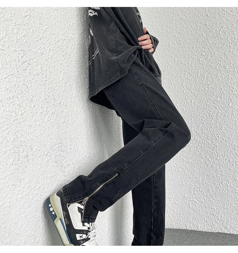 2024 Spring New Style Korean Style Men Fashionable Retro Street Jeans Zip Design on Trouser Legs Straight-leg Denim Pants Black