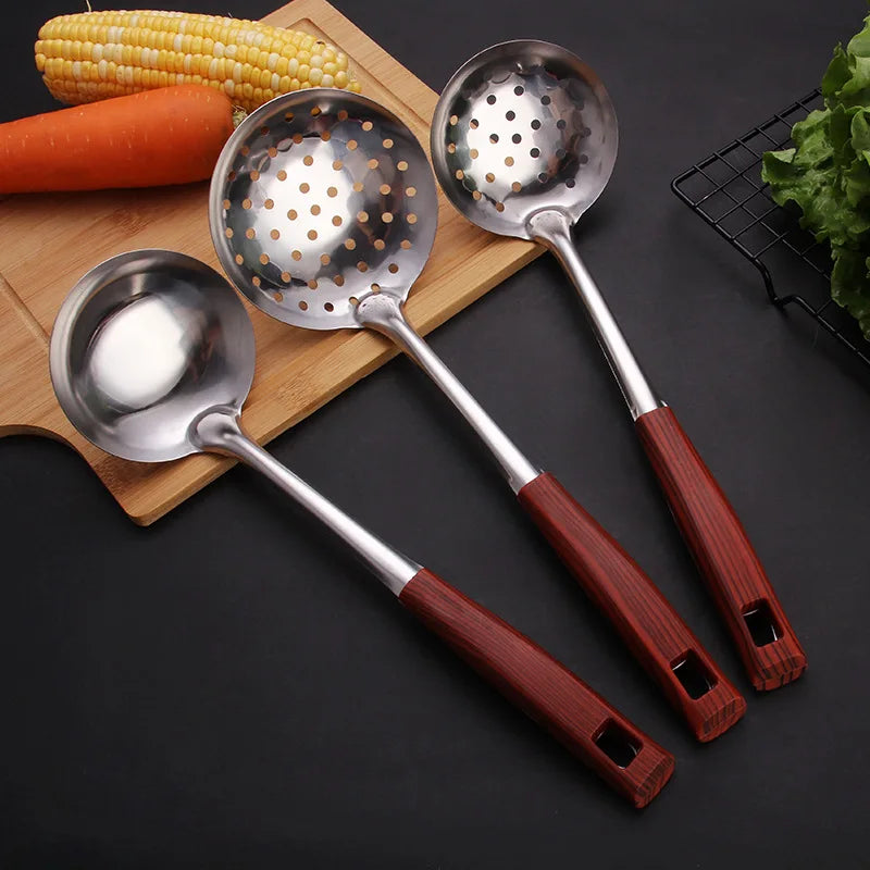 Wooden Handle Frying Spatula Tongue Spoon Stainless Steel BBQ Meat Fork Colander Home Cooking Pots Set Kitchen Accessories