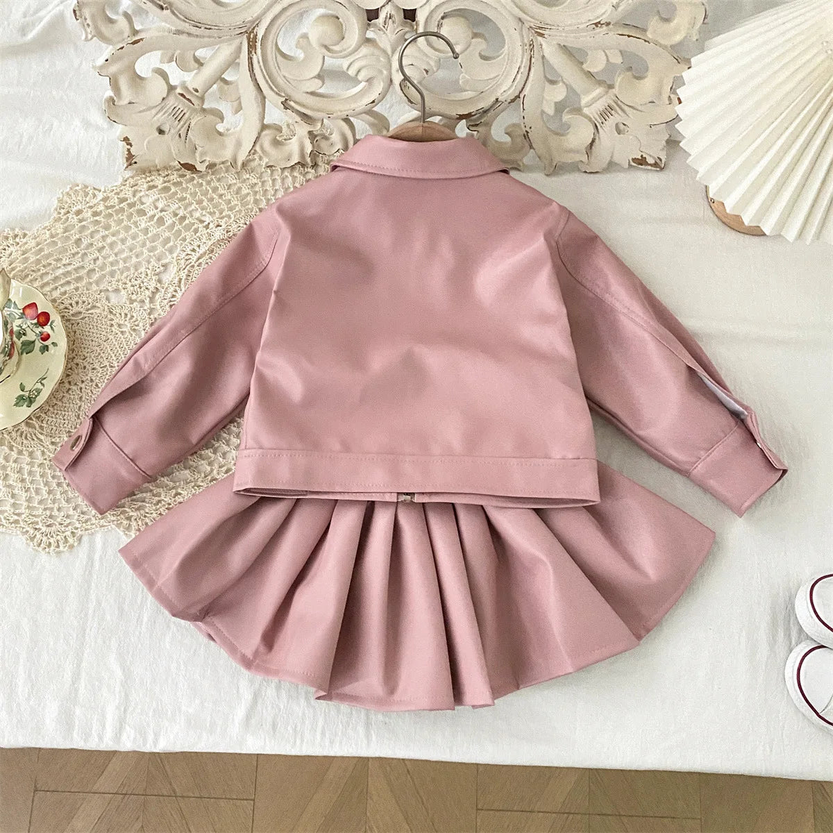 Children's Clothing Set 2025 Kids Clothes Autumn New Cool Girls Pu Leather Jacket With Short Skirt Fashion Two-Piece Outfit Set