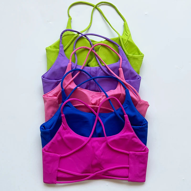 Color Solid Support Women Fitness Bra Yoga Vest Gym Sport Top Hollow back Push With Chest Pad Four Shoulder Straps Cross-back