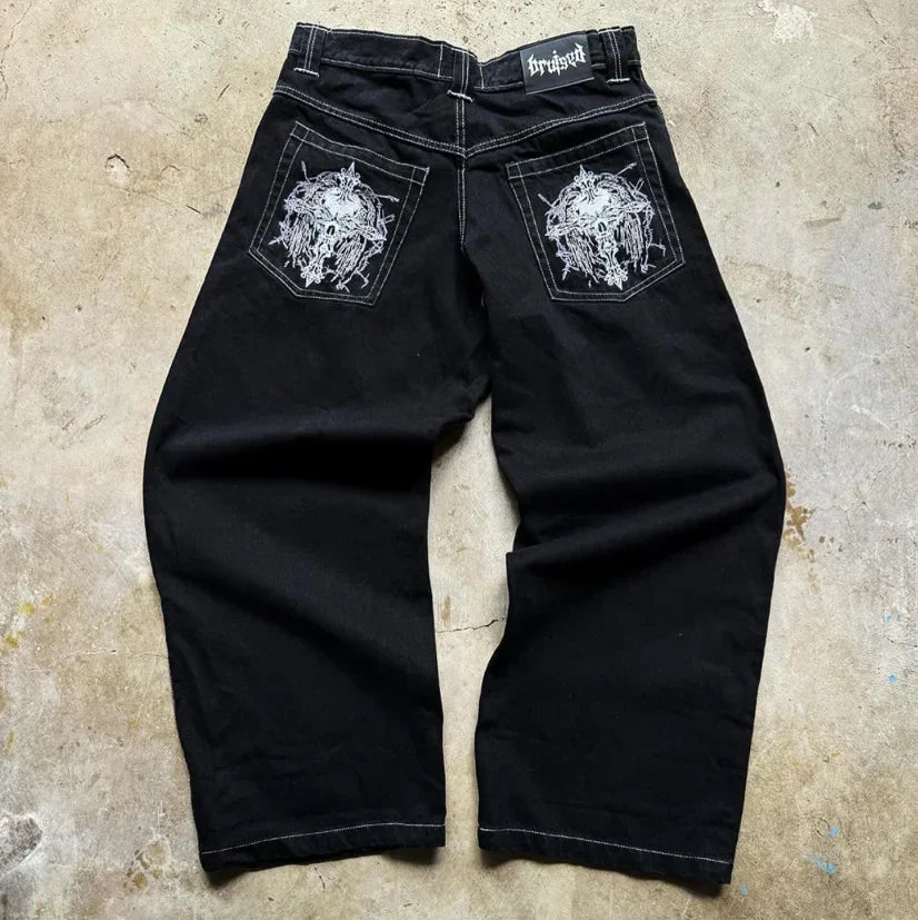 Skull bone print pattern oversized loose jeans men's Y2K street hip-hop Harajuku fashion high waist wide leg straight leg women