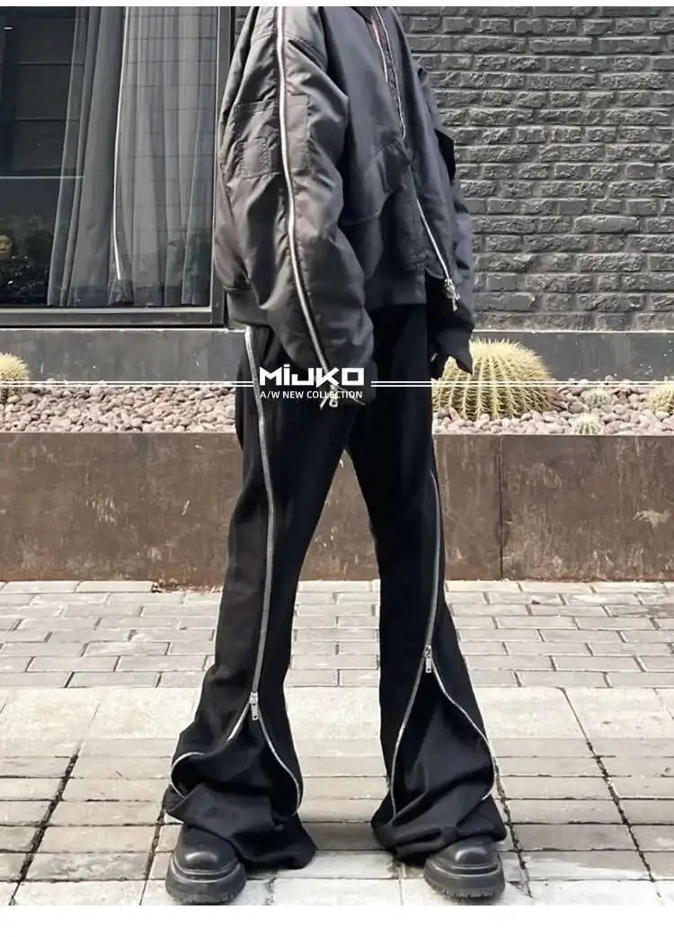 HKSH Men's Tide Streetwear Jeans RO Style Women's Autumn Winter Urban Spiral Track Twisted Large Zipper Dark Denim Pants HK1407