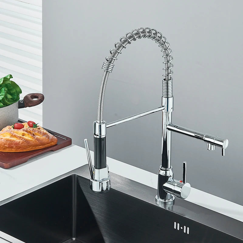 Chrome Spring Pull Down Kitchen Faucet Hot and Cold Water Deck Mounted Tap 360 Rotate Single Hole Single Handle