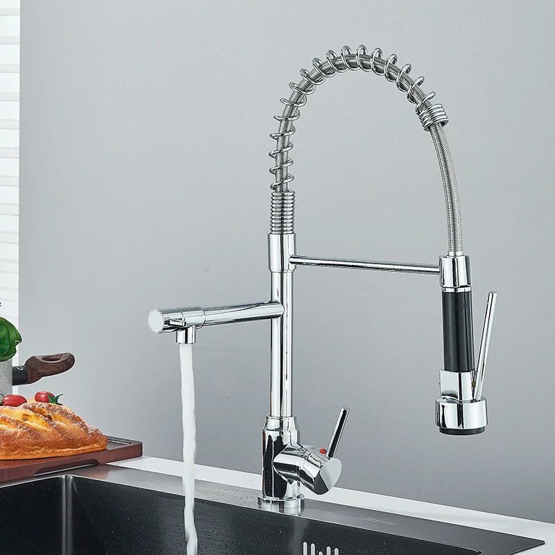 Chrome Spring Pull Down Kitchen Faucet Hot and Cold Water Deck Mounted Tap 360 Rotate Single Hole Single Handle