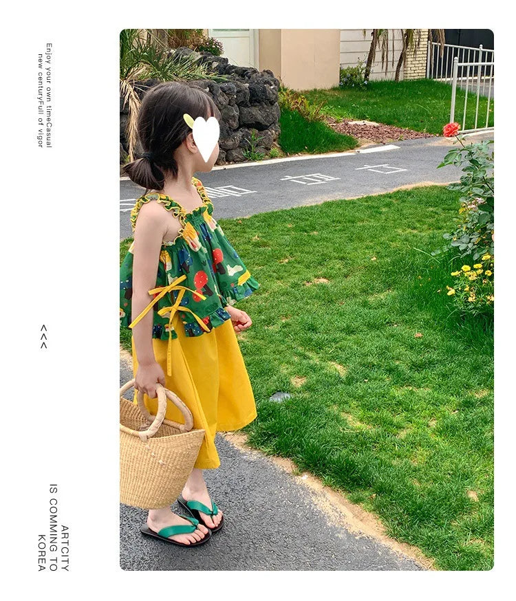 Children's Clothing Sets Cartoon Print Halter Top + Wide-leg Pants 2pcs Toddler Clothes for 2 To 7years Kids Boutique Clothes