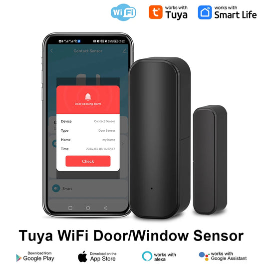 WiFi Door Open Closed Detectors Tuya Window Sensor with App Notification Alert Contact Sensor for Home Security with Black Color