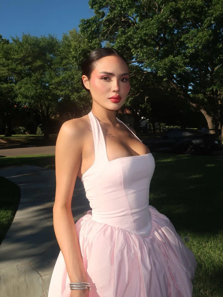 Elegant Pink Halter Pleated Mini Dress Women Lace-up Backless Off Shoulder Puff Hem A-line Short Gowns Summer Lady Party Robe