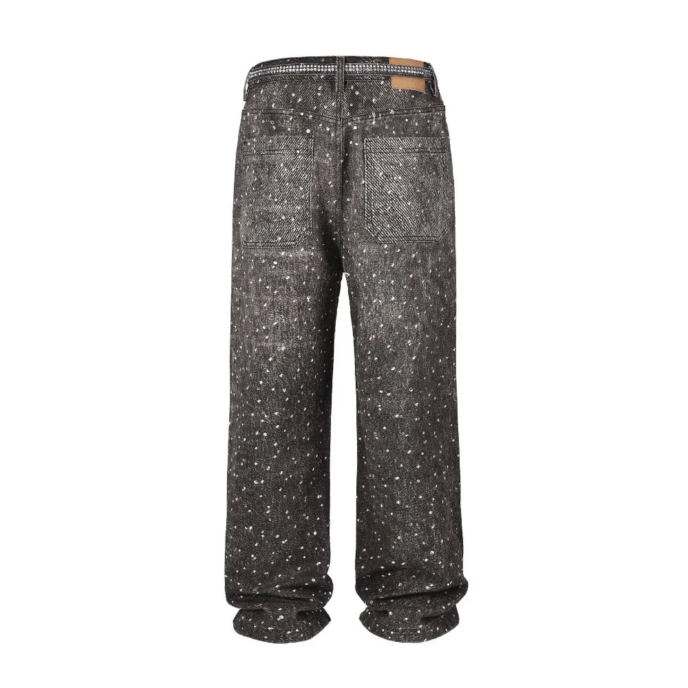 Tung Sung Full Diamond Printing Diamond Belt Wash Casual Loose Straight Jeans Hip Hop Y2k Men’s Jeans