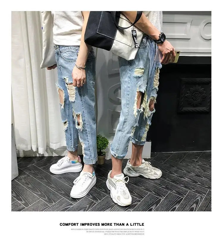 Men Jeans Knee Hole Ripped Stretch Skinny Denim Pants Solid Color  Autumn Summer Hip-Hop Style Slim Fit Trousers 2023 pantalones