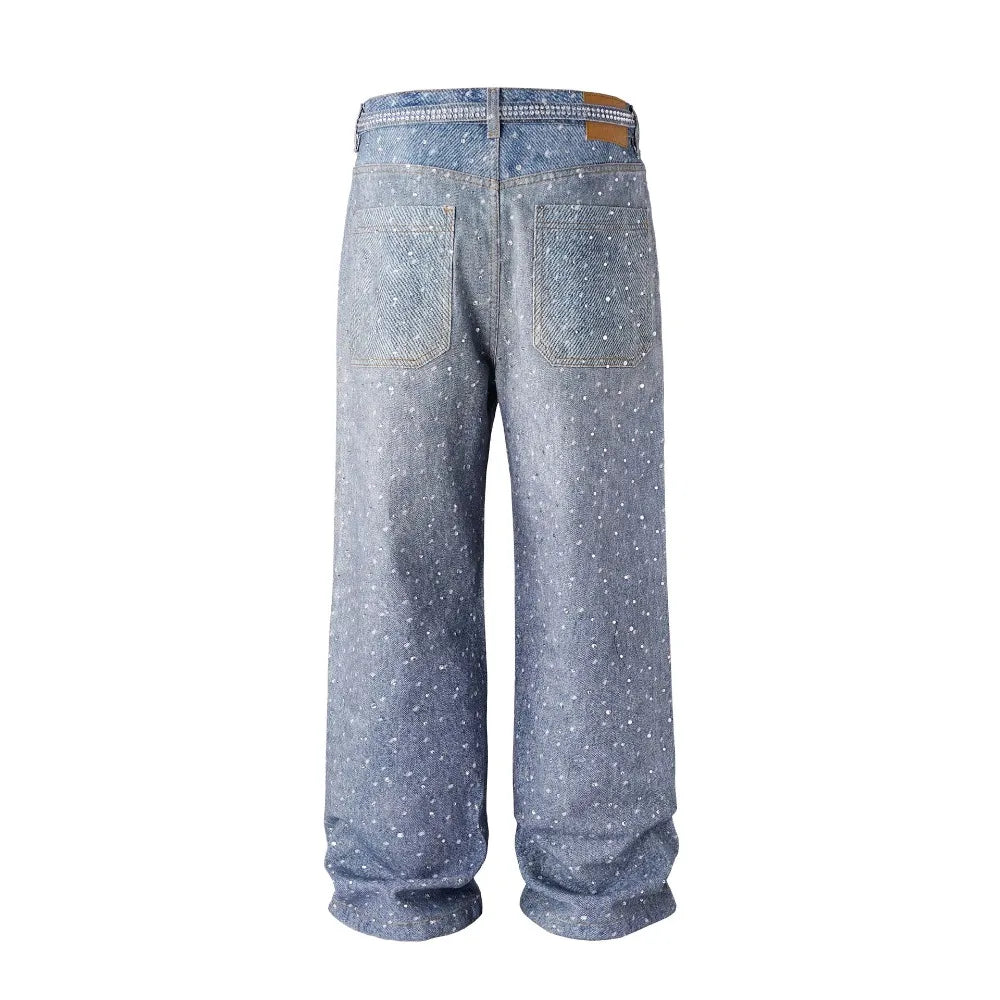 Tung Sung Full Diamond Printing Diamond Belt Wash Casual Loose Straight Jeans Hip Hop Y2k Men’s Jeans