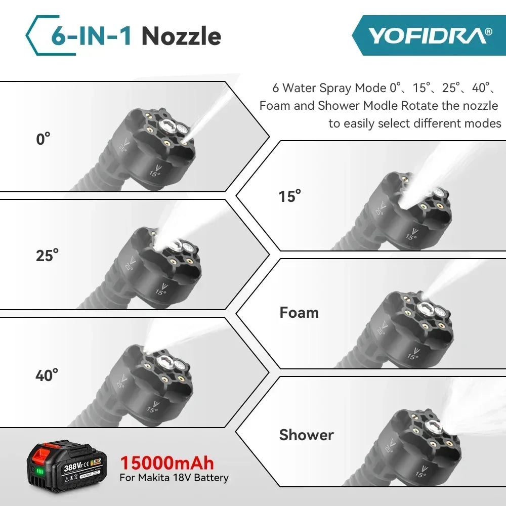 YOFIDRA 200Bar 3500W Brushless Electric High Pressure Washer 6in1 Car Washing Garden Water Spray Gun For Makita 18V Battery Pin