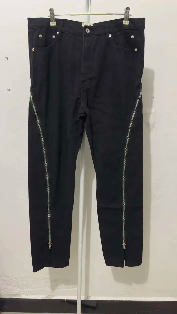 HKSH Men's Tide Streetwear Jeans RO Style Women's Autumn Winter Urban Spiral Track Twisted Large Zipper Dark Denim Pants HK1407