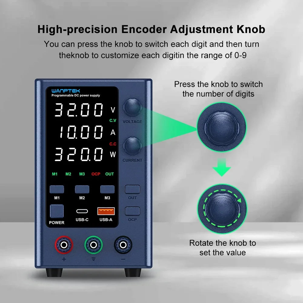 Wanptek Lab DC Power Supply Encoder adjustment Memory Adjustable 30V 10A Bench Power Source 160V 120V 60V 5A 3A Metal anodizing