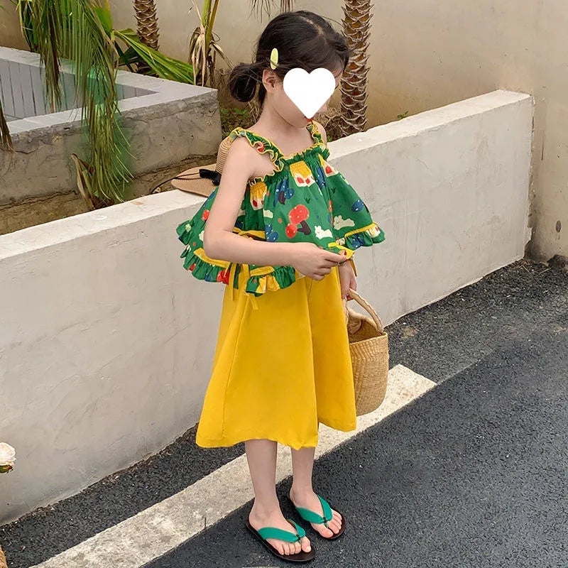 Children's Clothing Sets Cartoon Print Halter Top + Wide-leg Pants 2pcs Toddler Clothes for 2 To 7years Kids Boutique Clothes
