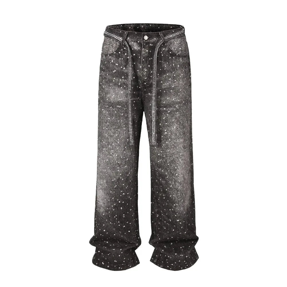 Tung Sung Full Diamond Printing Diamond Belt Wash Casual Loose Straight Jeans Hip Hop Y2k Men’s Jeans